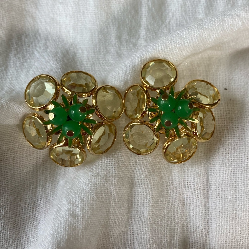 Corocraft Vintage Clip on Earrings with‎ Bezel Crystals and Green Stones